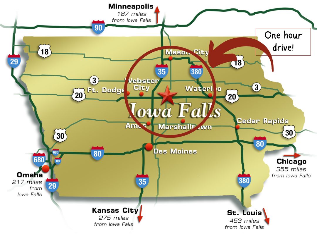 Map of cities within one hour drive of Iowa Falls